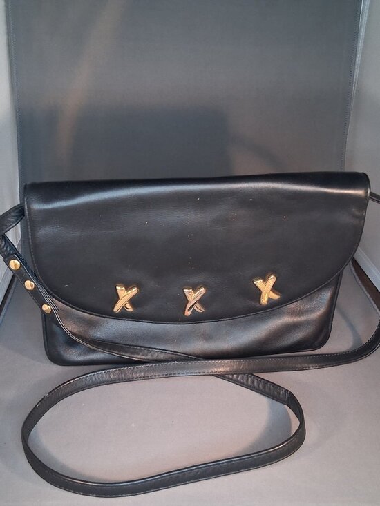 Paloma Picasso Handbags - VTG Paloma Picasso Black Italian Leather Triple Gold X Convertible Shoulder Bag